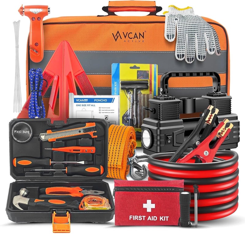 VCAN ACTIVE Car Emergency Kit with Portable Air Compressor, First Aid Kit, Jumper Cables, Roadside Safety Emergency Tool Kit for Women, Men, Teen - Image 1